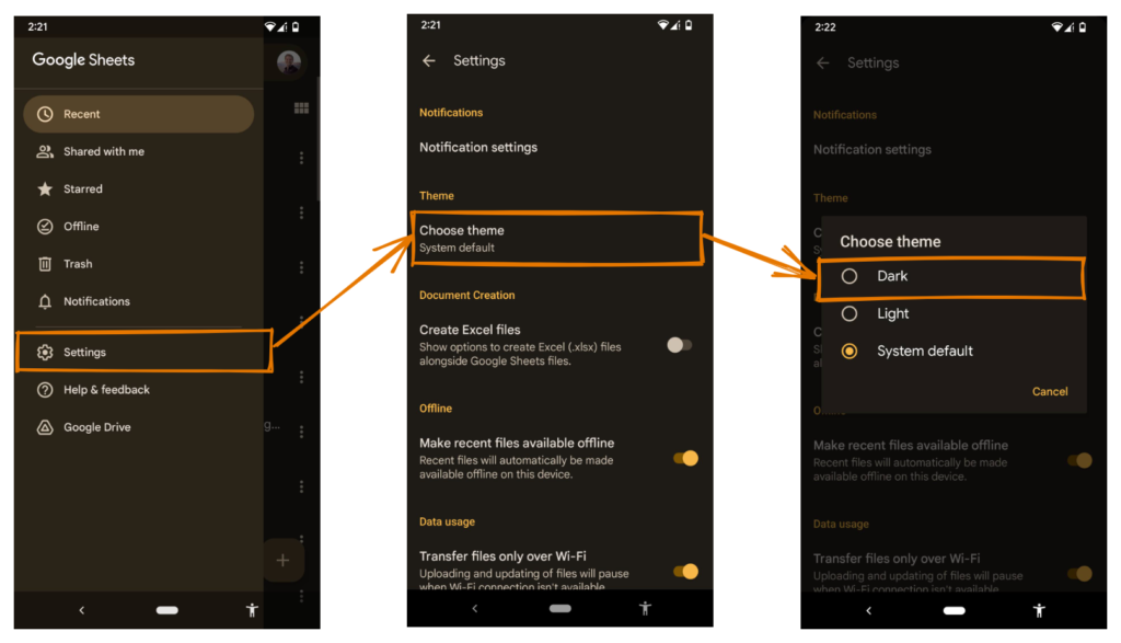 How to set Google Sheets to dark mode in mobile